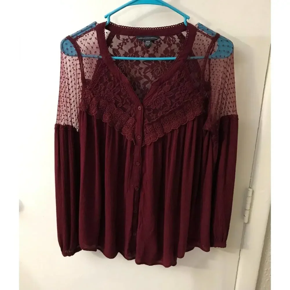 American Eagle Outfitters Burgundy Gauze Lace Top S Boho Coquette Girl Fairycore
